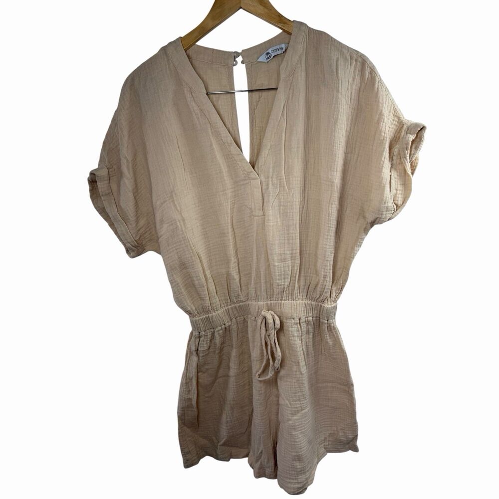 Cupshe Women’s Beige Gauze Romper V-Neck Drawstring Waist Short Sleeve Casual - Picture 11 of 14